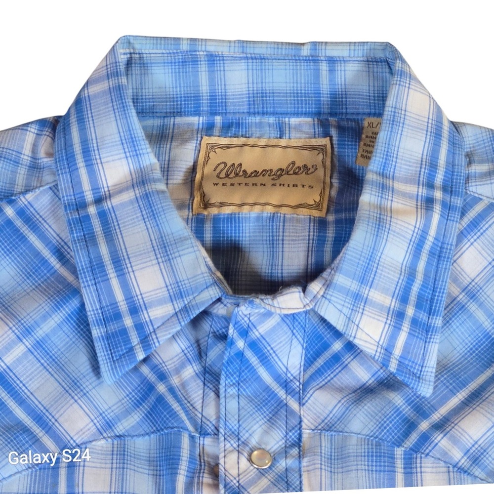 Wrangler Western Shirt Mens XL Plaid Blue Short Sleeve‎ Pearl Snap Front Cowboy - Picture 2 of 5